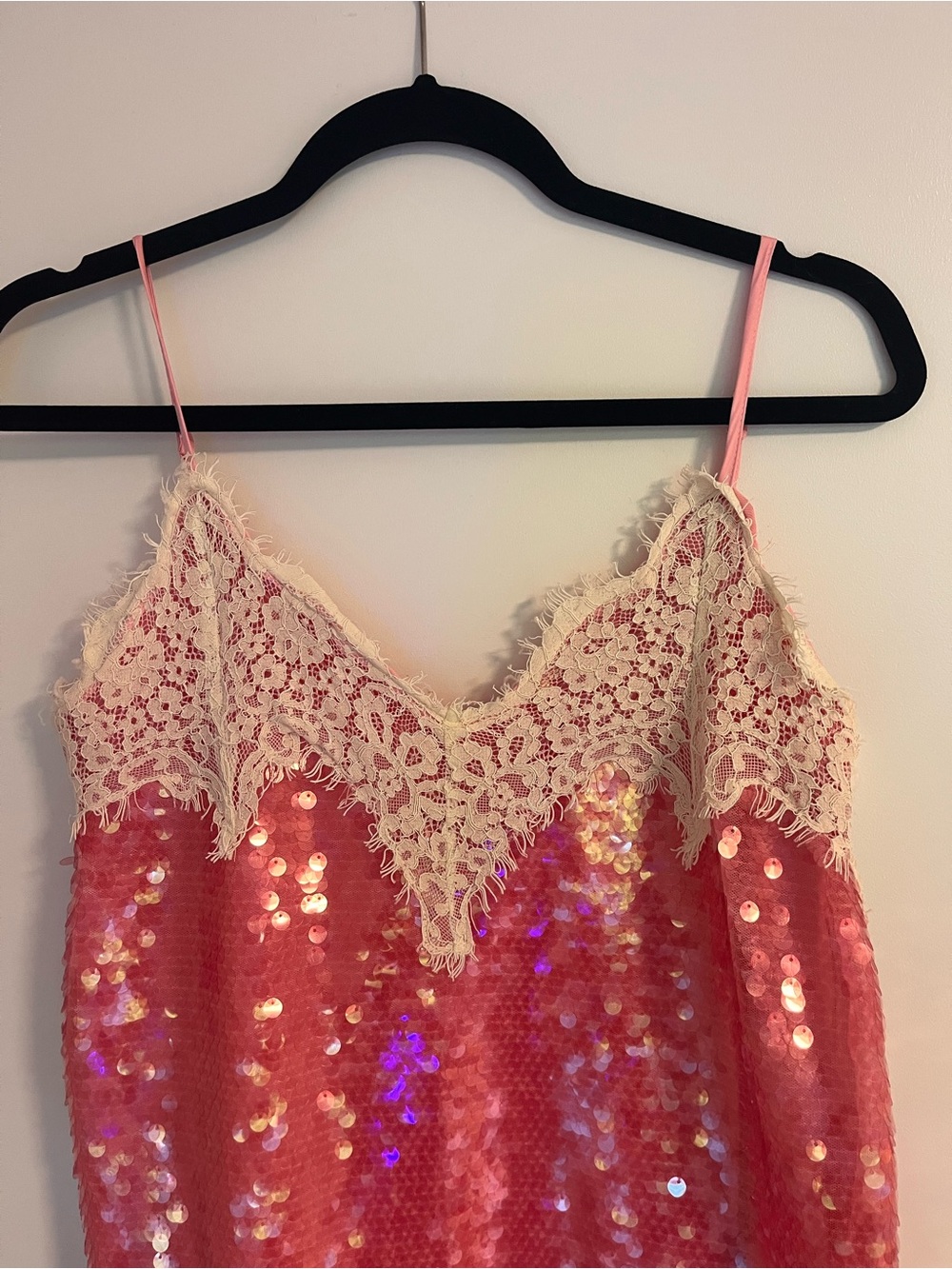 Sequin Slip Mini Dress with Cream Lace Trim in Pink - Picture 3 of 7